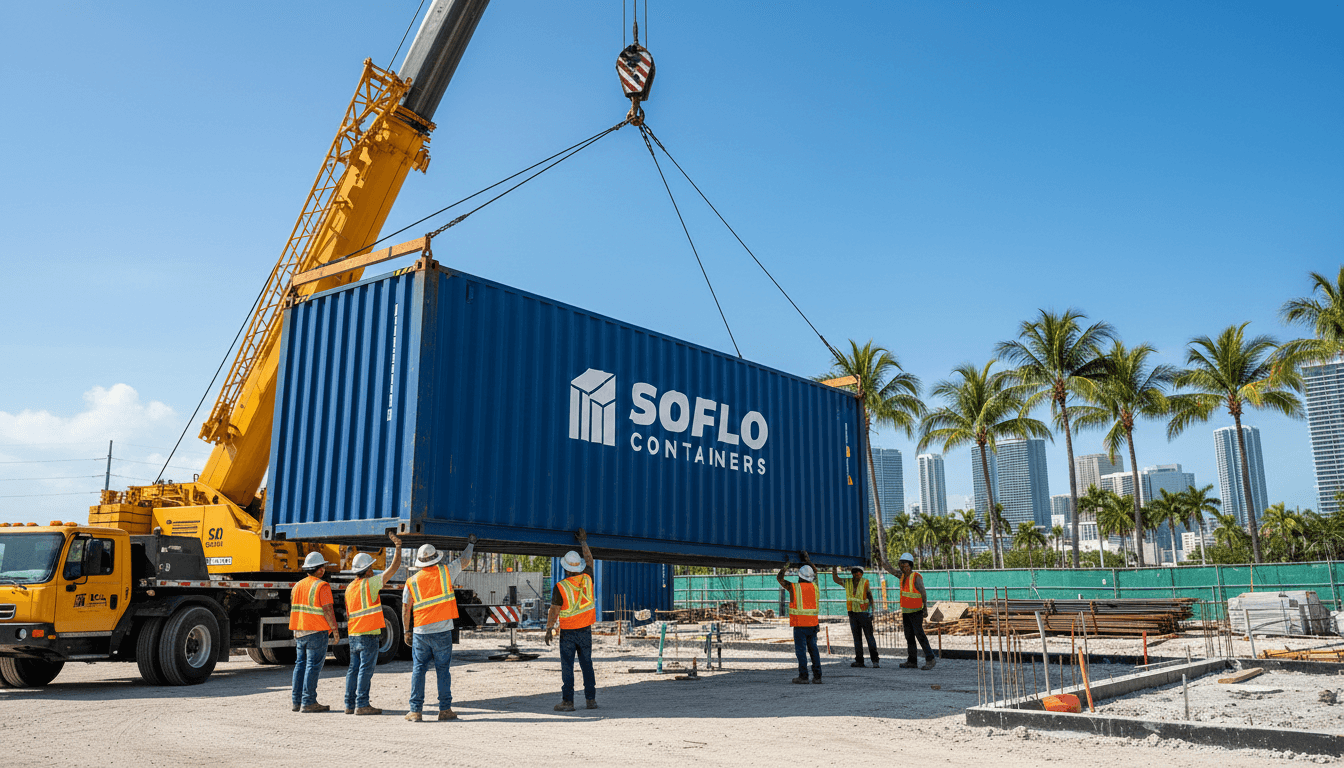 Shipping container being offloaded from a truck at a Miami construction site