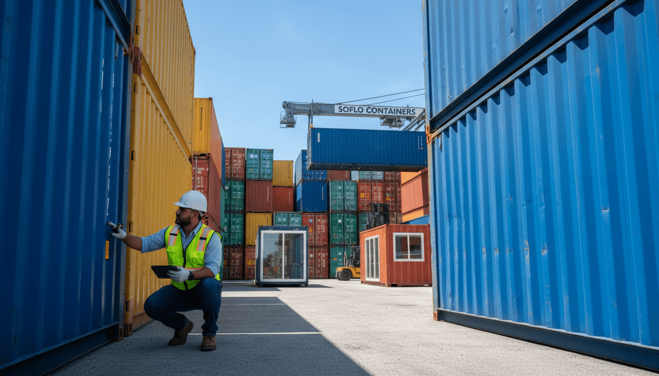 Container yard in Miami with colorful shipping containers and a worker inspecting a unit under clear skies.