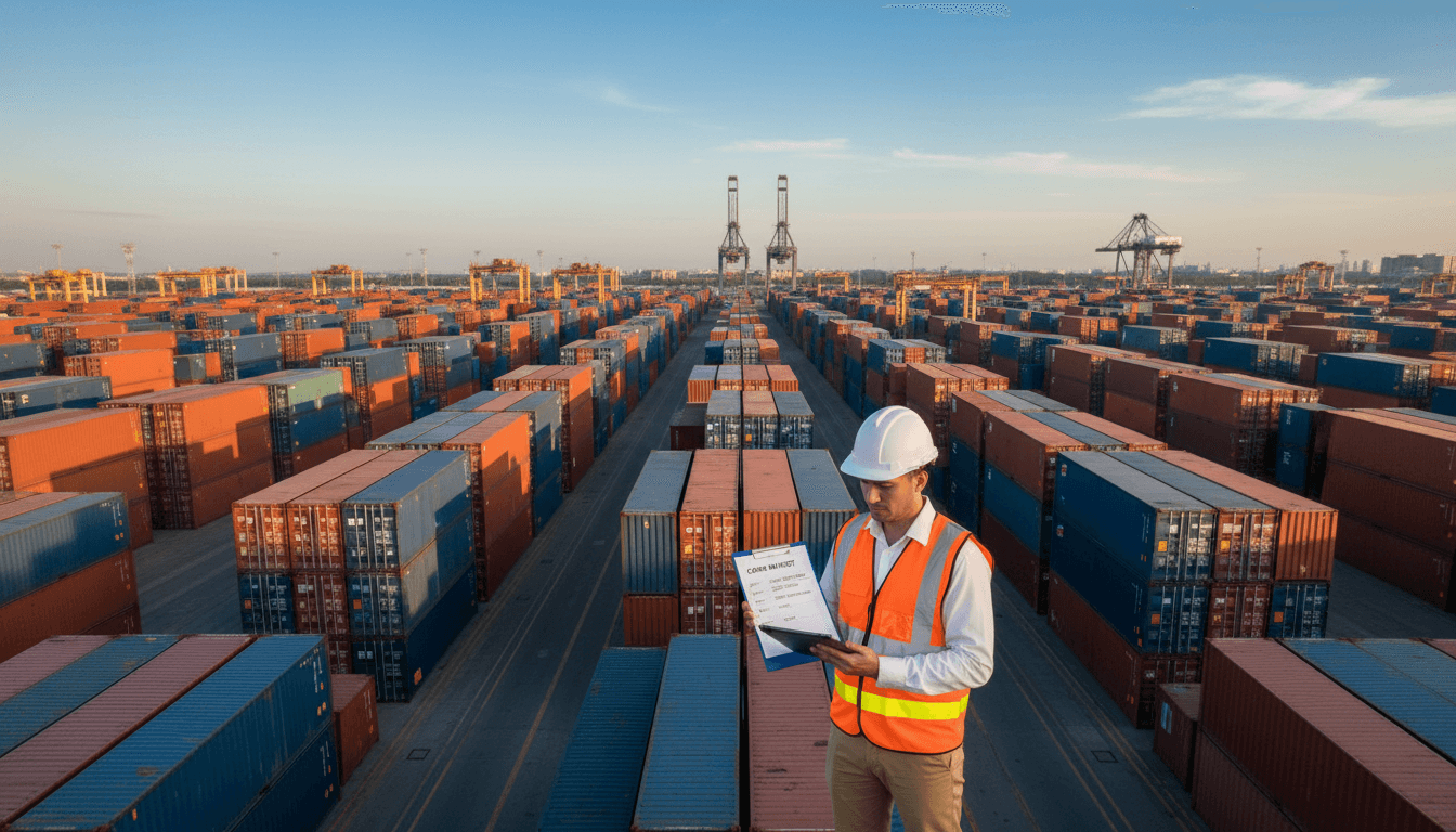 Logistics professional in high-visibility vest reviewing cargo documentation in organized shipping container yard