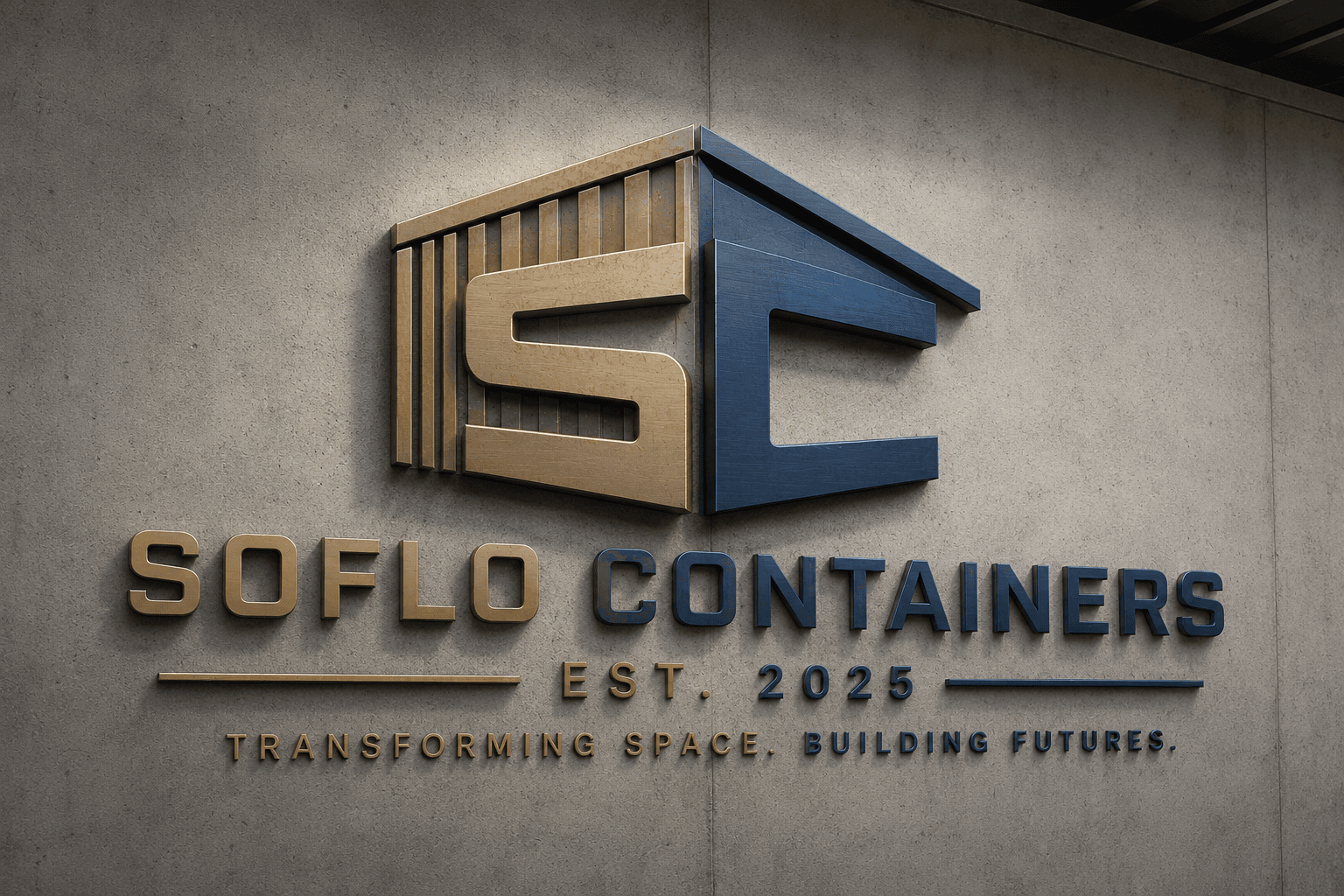 3D gold and blue SOFLO CONTAINERS logo on concrete wall with tagline and SC emblem.