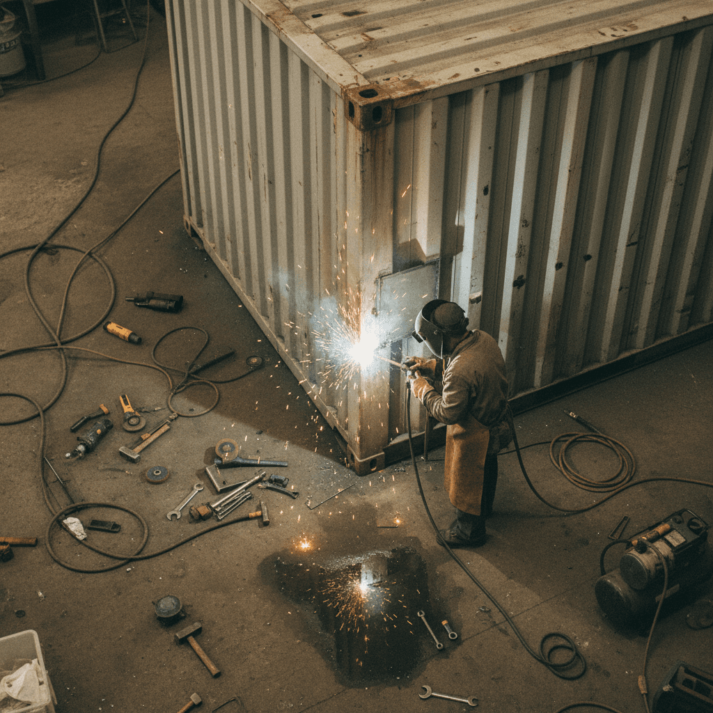 Container being repaired with a welder's torch in a Miami workshop