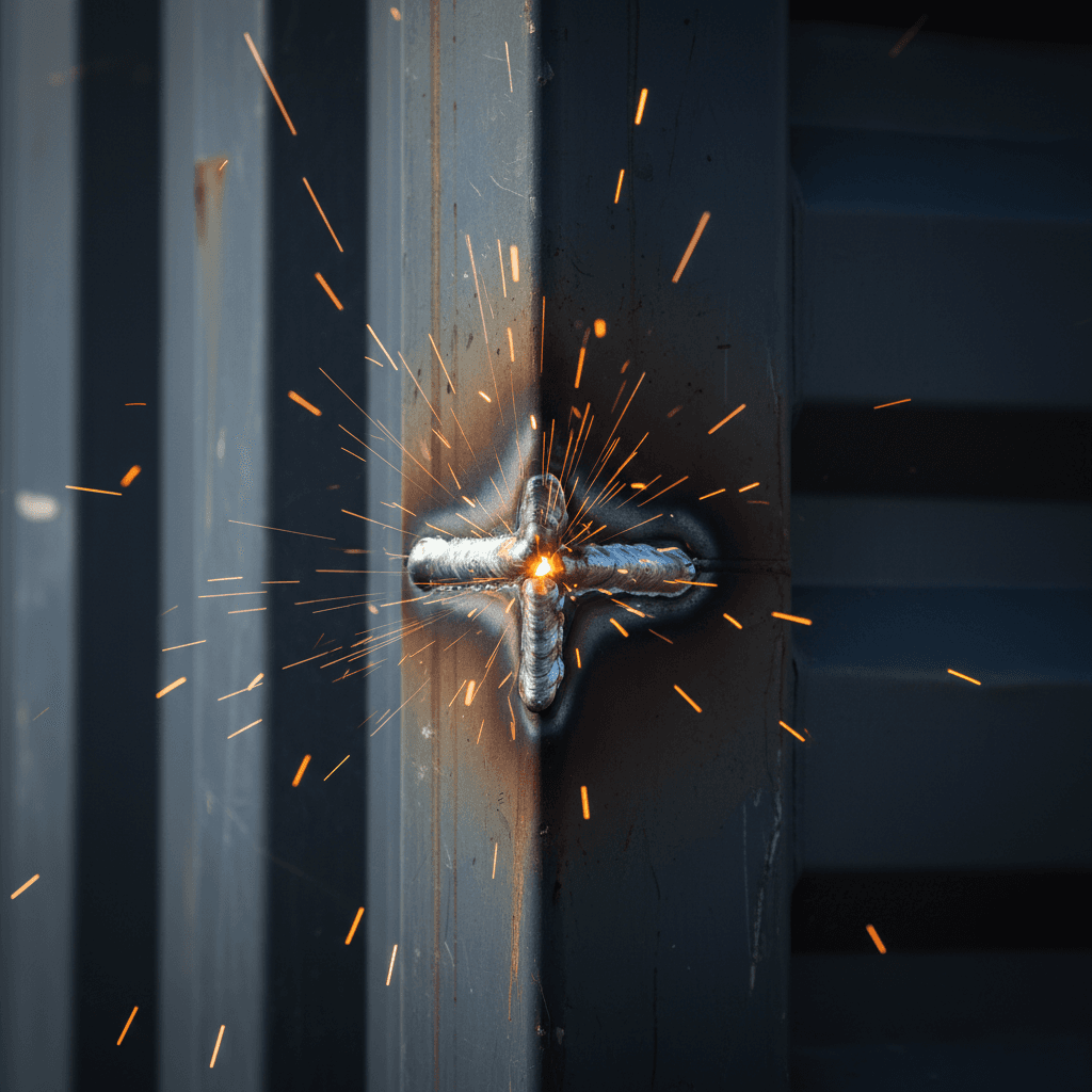 Close-up of a fresh weld bead on a steel container corner with bright metallic highlights against dark corrugated wall
