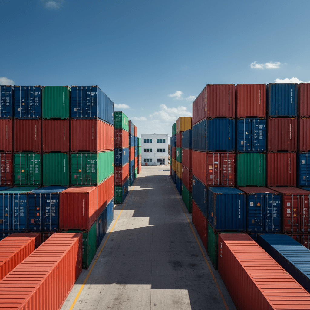 Organized rows of shipping containers in a sunny Miami depot yard