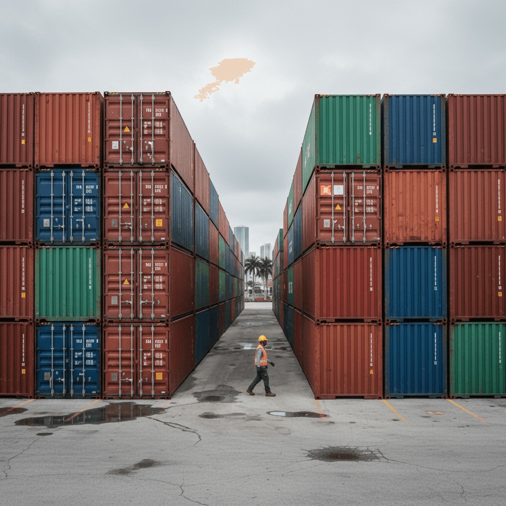 Row of stacked containers used for large-scale depot storage in Miami