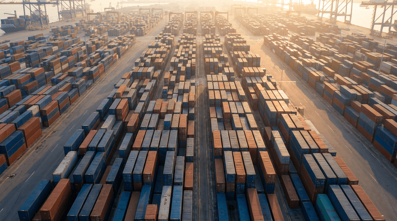 Overhead view of organized shipping containers at golden hour with distant port infrastructure