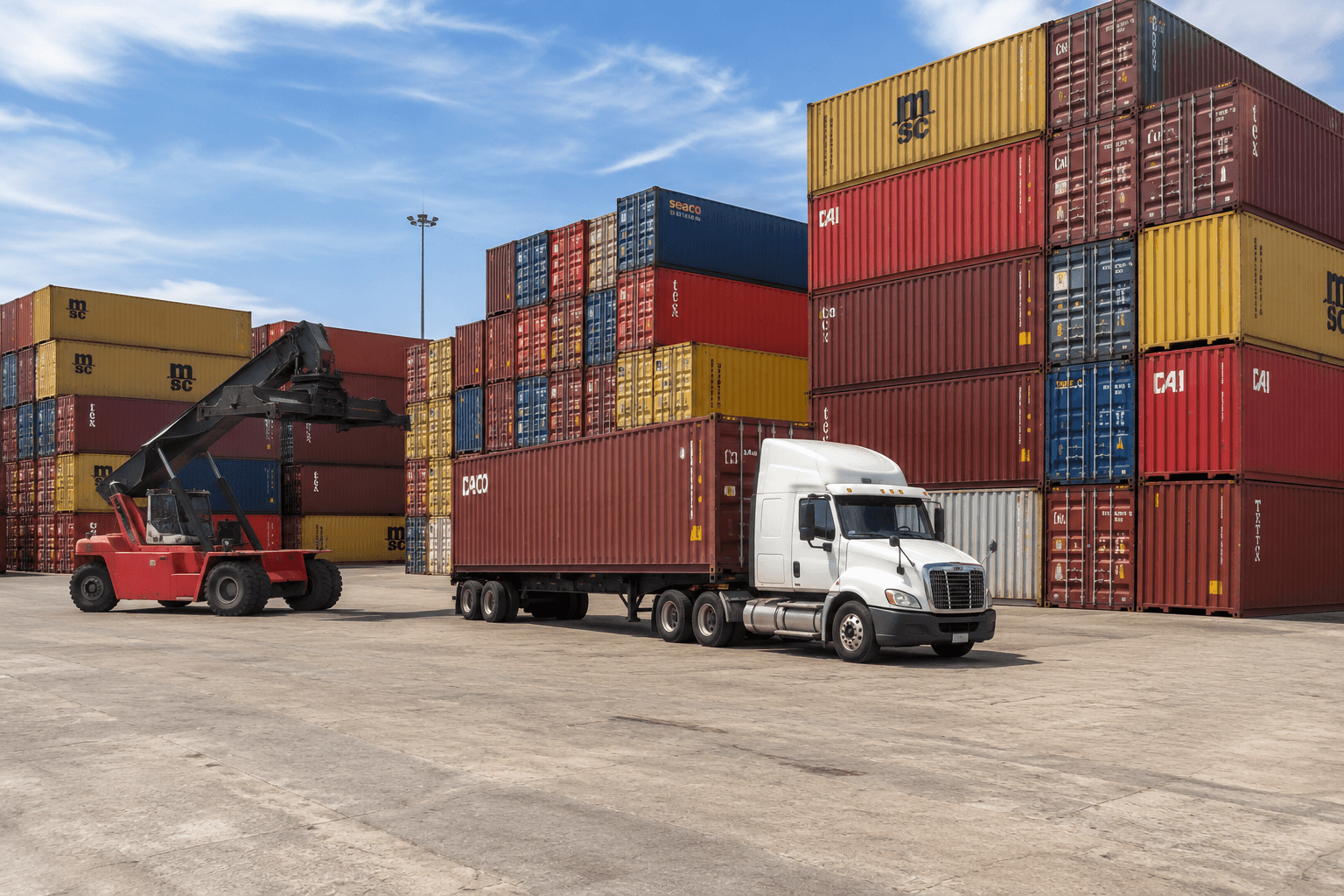 White semi-truck with a red container trailer driving past stacks of colorful shipping containers.