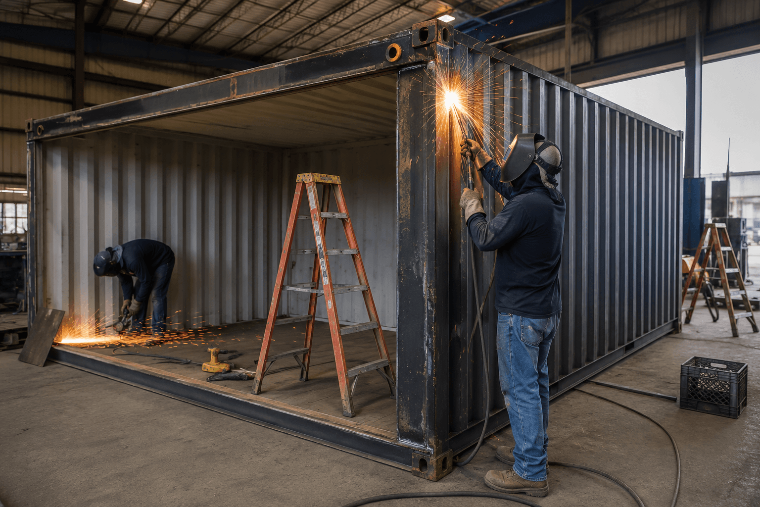 Workers welding and grinding a shipping container in a workshop, creating bright orange sparks.