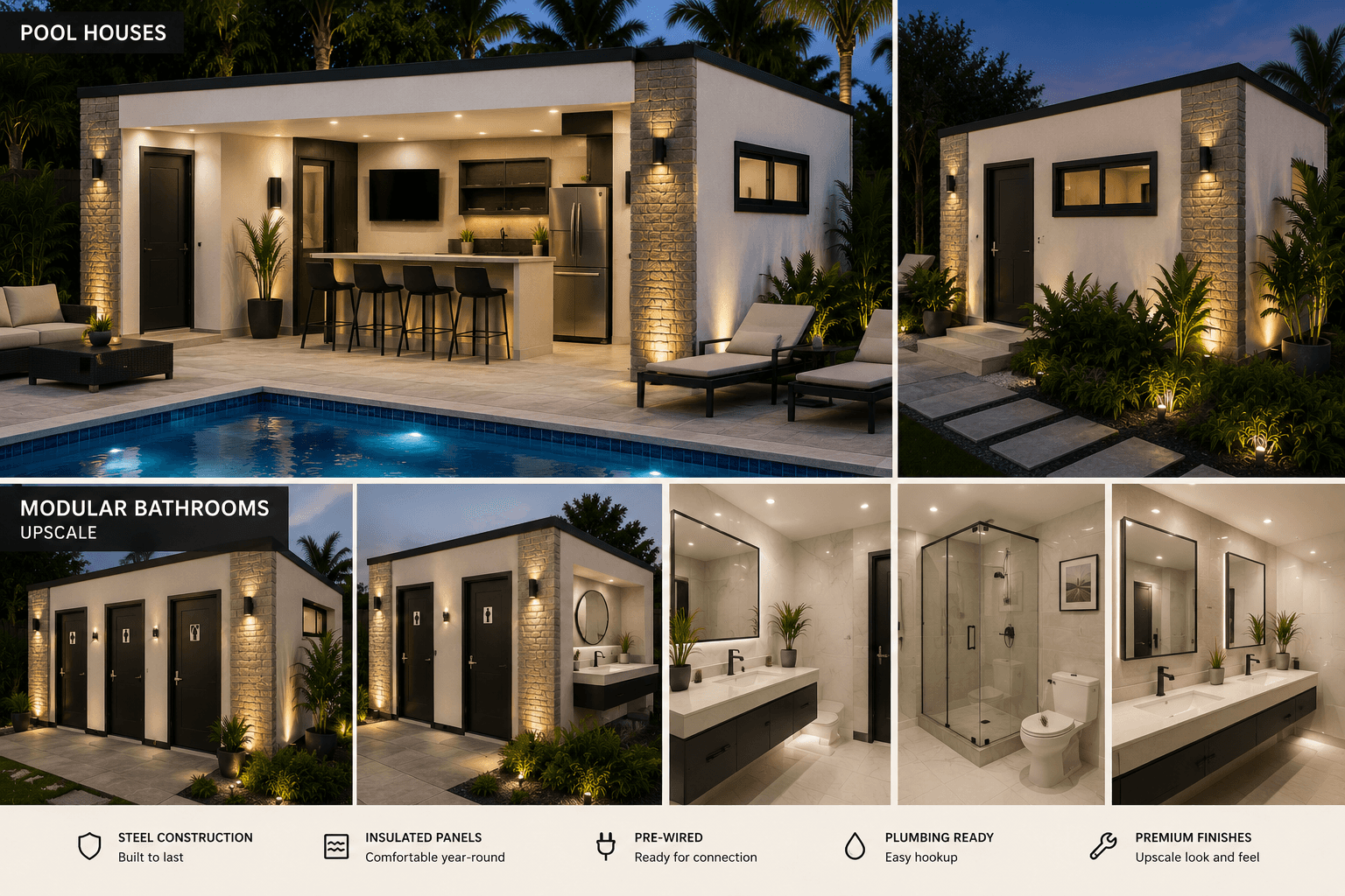 Modern modular pool houses and upscale bathrooms featuring sleek interiors, outdoor kitchens, and premium finishes.