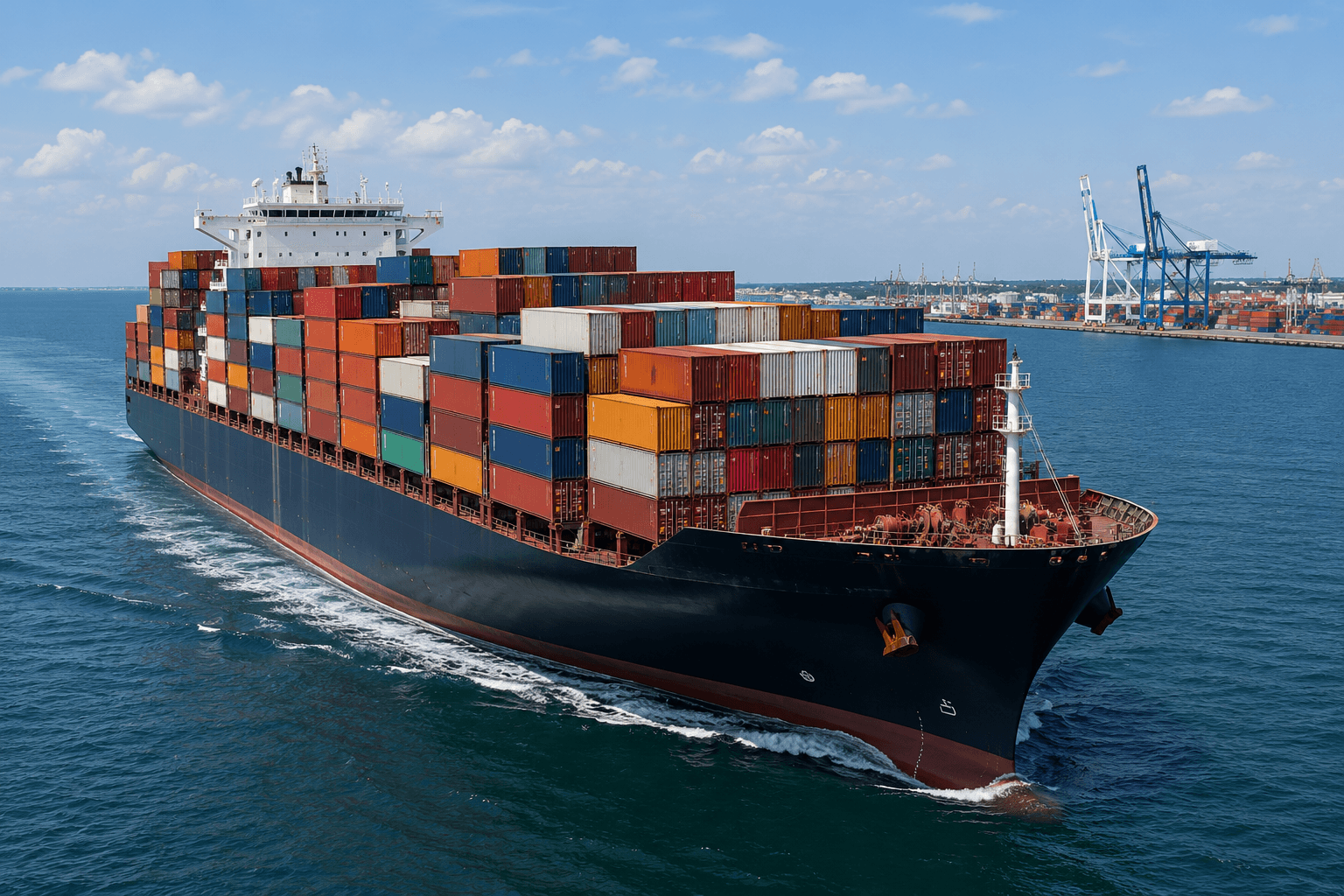 Massive cargo ship stacked with colorful containers sails through blue water near a shipping port.